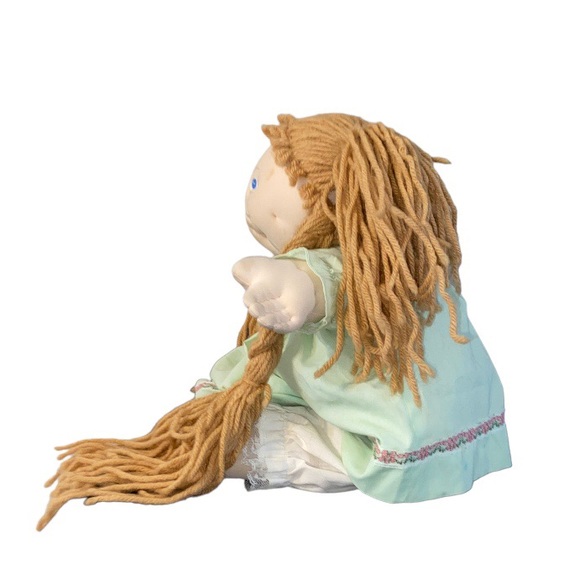 Vtg 80s Handmade Soft Sculpture Cabbage Patch Kid Style Girl Blue Eyes Dress 18” - Picture 3 of 8